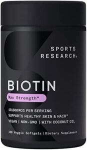 Sports activities Research Additional Toughness Vegan Biotin (Vitamin B) Complement with Organic and natural Coconut Oil – Supports Keratin for Much healthier Hair & Pores and skin – Good for Women of all ages & Gentlemen – 10,000mcg, 120 Veggie Softgel