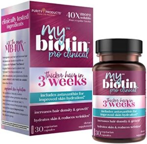 Purity Solutions MyBiotin ProClinical – Thicker Hair in 3 Weeks & Fights Wrinkles – MB40X Patented Biotin Matrix w/Astaxanthin – 40X Far more Soluble vs Common Biotin – Hair, Pores and skin & Nails – 30 Veg Caps