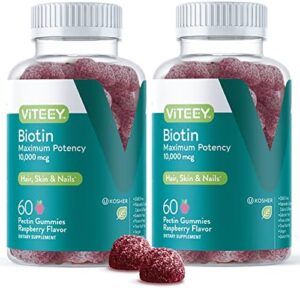 Biotin Gummies 10,000mcg – Maximum Potency Vitamin B7 for Healthier Hair Advancement, Pores and skin & Nails – Dietary Complement, Vegan, Pectin Gummy – for Adults Teenagers & Young ones -Raspberry Taste [60 Count-2 Pack]