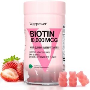 VEGEPOWER Biotin 10000mcg Hair Progress Gummies – Vegan Biotin Supplement Supports Healthful Hair, Pores and skin and Nails, Non-GMO Hair Vitamin Gummy for Women Adult males Strawberry 60 Bears