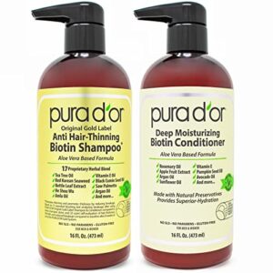 PURA D’OR Anti-Thinning Biotin Shampoo and Conditioner Normal Earthy Scent,Clinically Analyzed Demonstrated Benefits DHT Blocker Thickening Solutions For Gals & Adult men,Authentic Gold Label Hair Treatment Established 16oz x2
